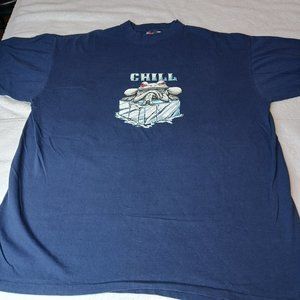 Vintage 90s Lifeforms Frog Chill Double-Sided Navy Blue T-Shirt USA MADE Sz XL.
